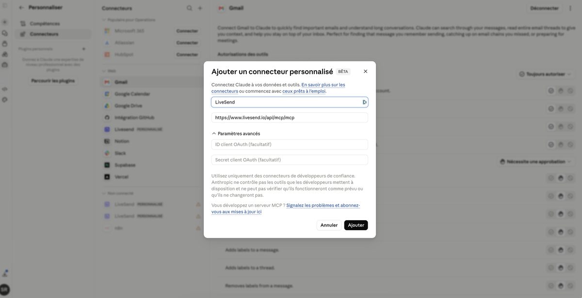 Connecteur custom LiveSend dans Claude.ai